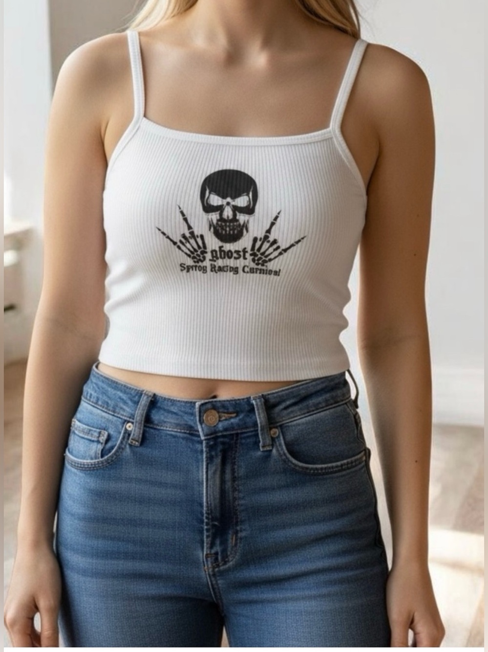Nwt women’s tank top white ribbed XL cropped skull art goth summer
